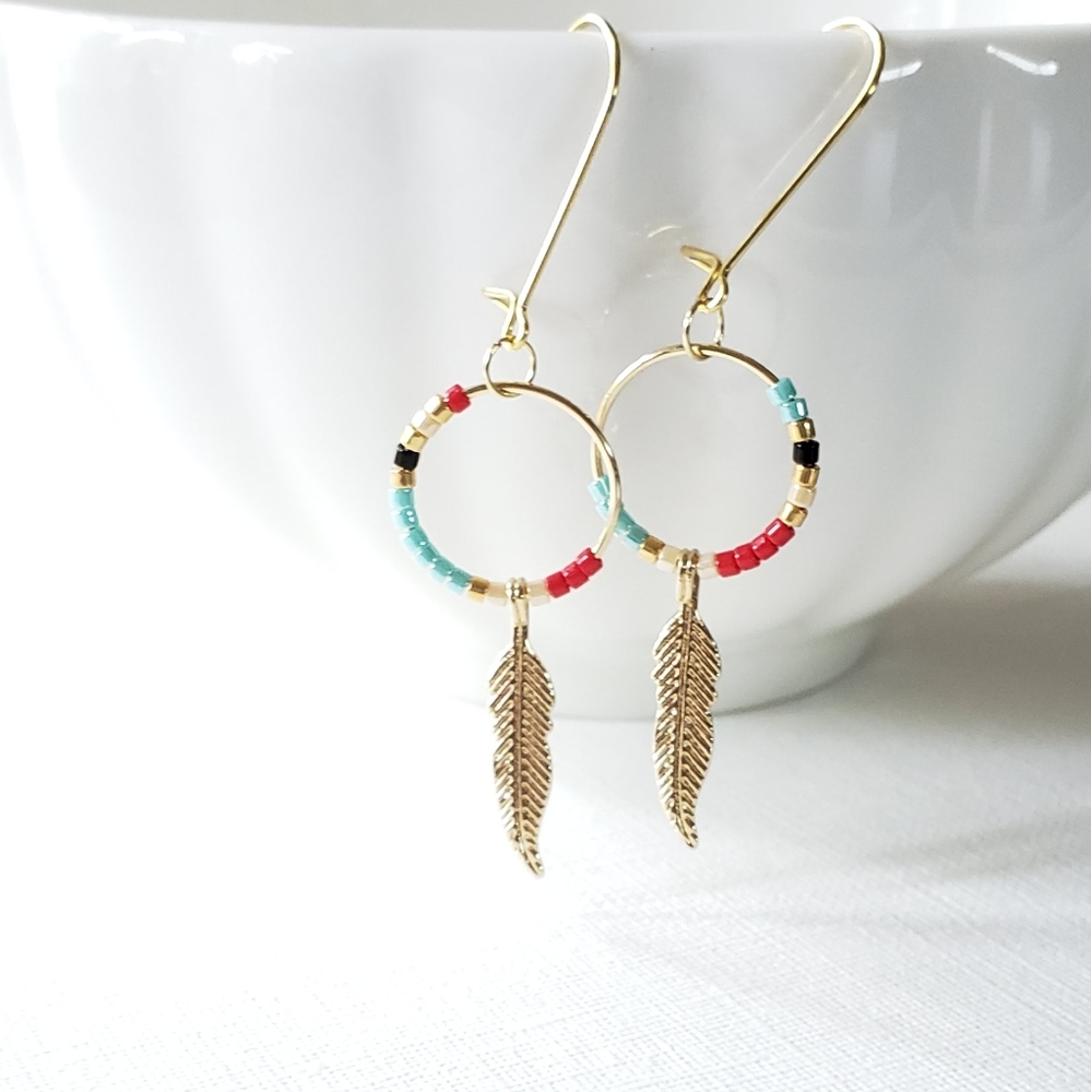 10k gold plated wire golden feather beads earring